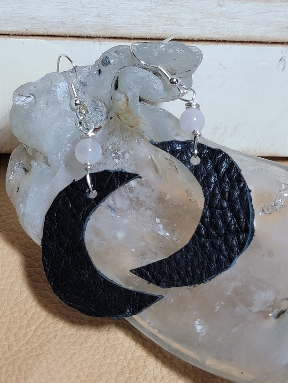 Handcrafted Leather Crescent Moon Earrings with Quartz Beads Whimsical